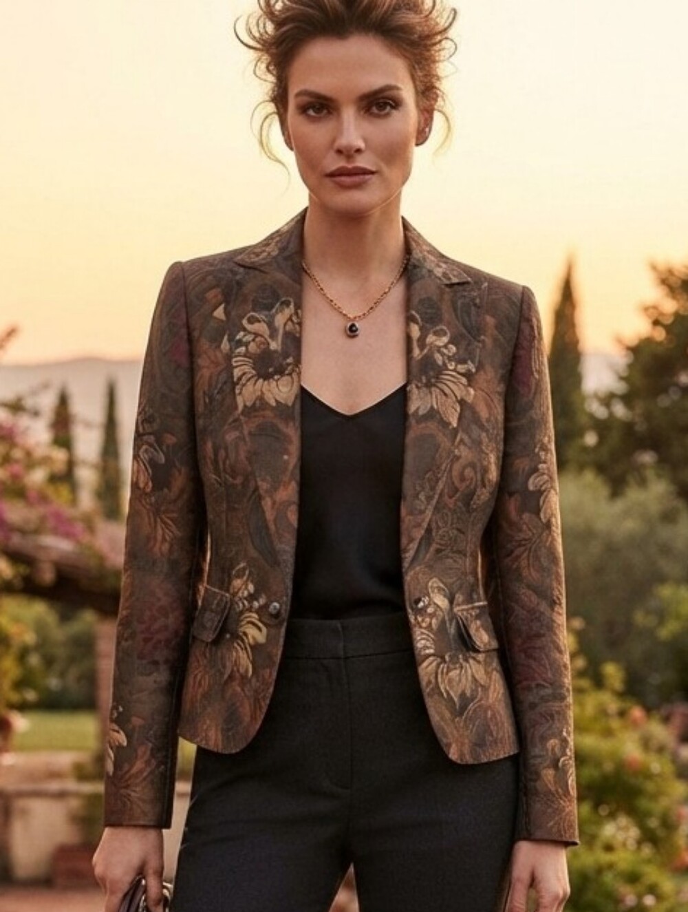 Allen B. by Allen Schwartz brown paisley and floral print jacquard blazer jacket